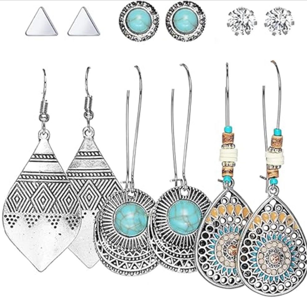 Bohemian Silver Drop Dangle Earrings Set for Women Hypoallergenic Fashion